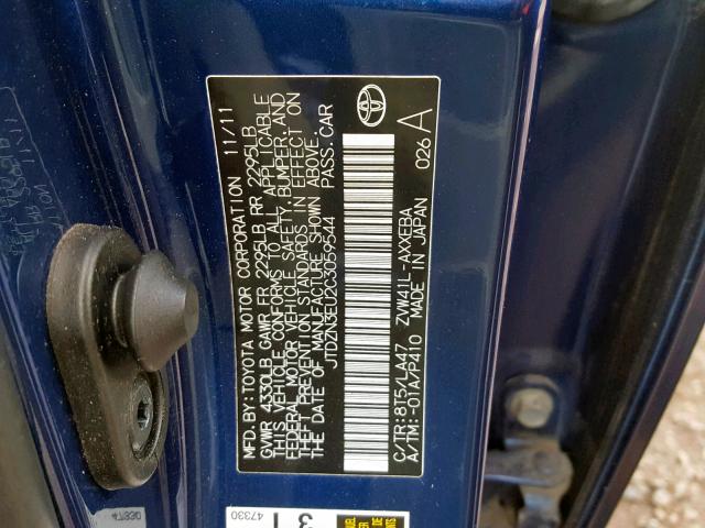 JTDZN3EU2C3059544 - 2012 TOYOTA PRIUS V BLUE photo 10