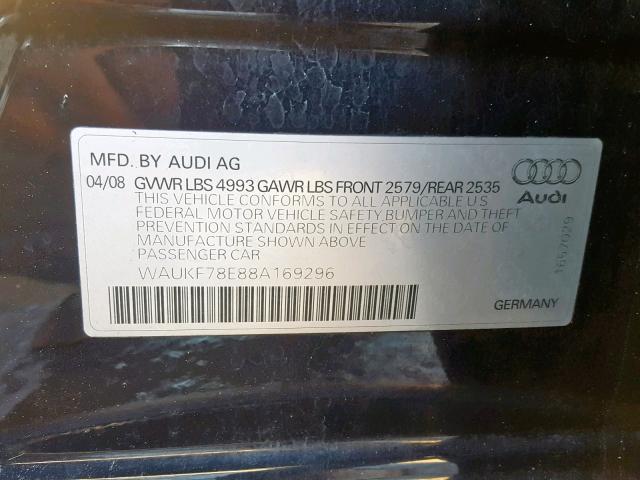 WAUKF78E88A169296 - 2008 AUDI A4 2.0T AV BLACK photo 10