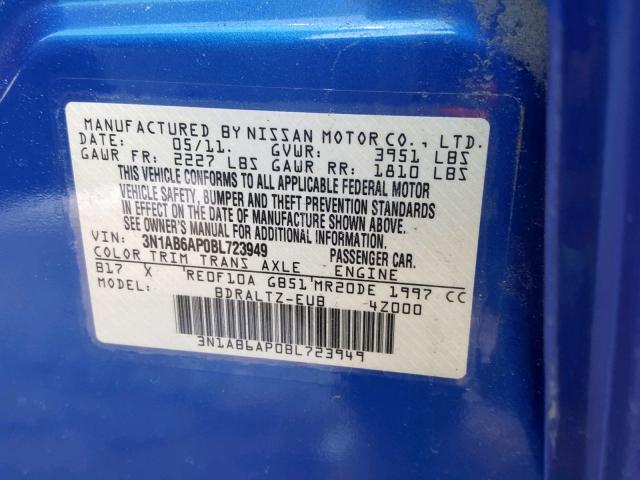 3N1AB6AP0BL723949 - 2011 NISSAN SENTRA 2.0 BLUE photo 10