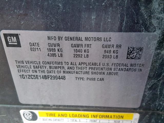 1G1ZC5E14BF299448 - 2011 CHEVROLET MALIBU 1LT 灰色 照片 10