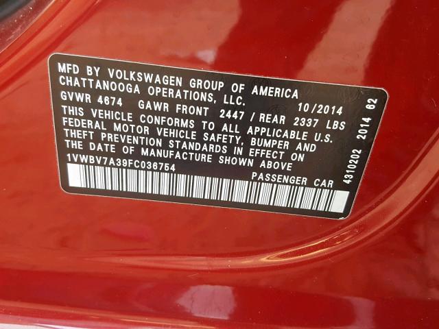 1VWBV7A39FC036754 - 2015 VOLKSWAGEN PASSAT SE RED photo 10