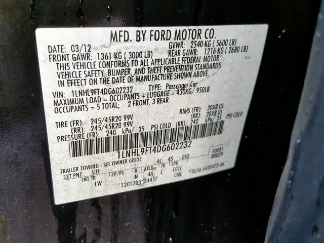 1LNHL9FT4DG602232 - 2013 LINCOLN MKS CHARCOAL photo 10