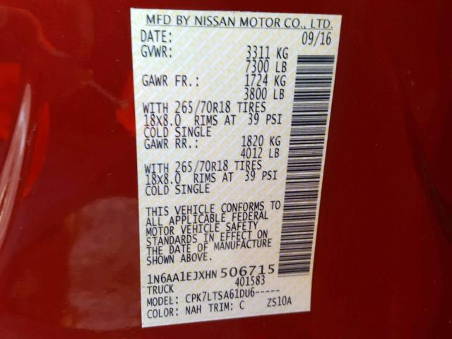 1N6AA1EJXHN506715 - 2017 NISSAN TITAN S BURGUNDY photo 10