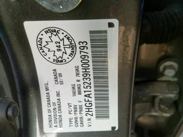 2HGFA15239H009793 - 2009 HONDA CIVIC DX GRAY photo 10