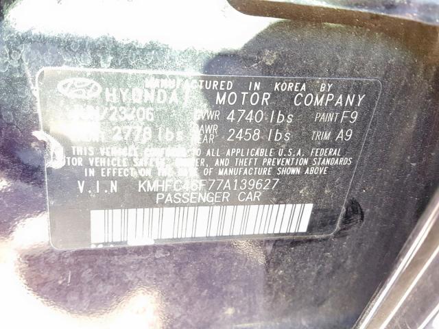 KMHFC46F77A139627 - 2007 HYUNDAI AZERA SE PURPLE photo 10