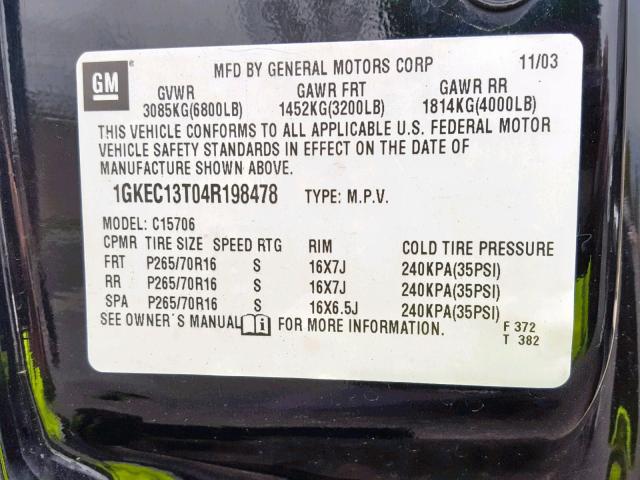 1GKEC13T04R198478 - 2004 GMC YUKON BLACK photo 10