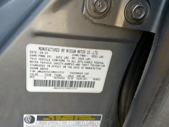 JNKAY01E37M313777 - 2007 INFINITI M35 BASE GRAY photo 10