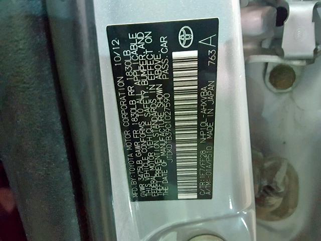 JTDKDTB39C1027590 - 2012 TOYOTA PRIUS C SILVER photo 10