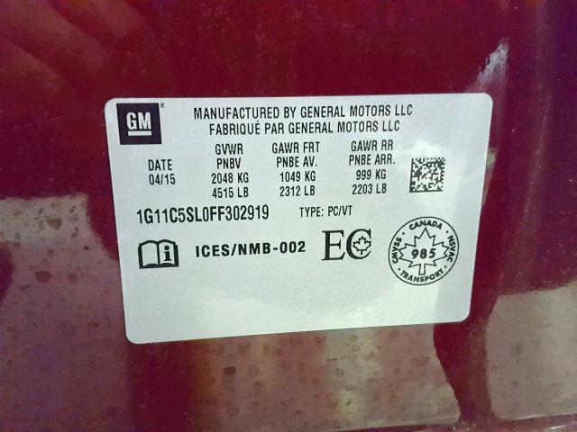 1G11C5SL0FF302919 - 2015 CHEVROLET MALIBU 1LT MAROON photo 10