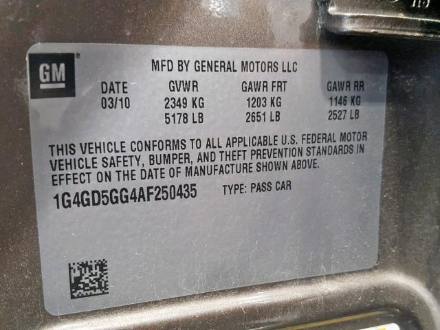 1G4GD5GG4AF250435 - 2010 BUICK LACROSSE C GOLD photo 10