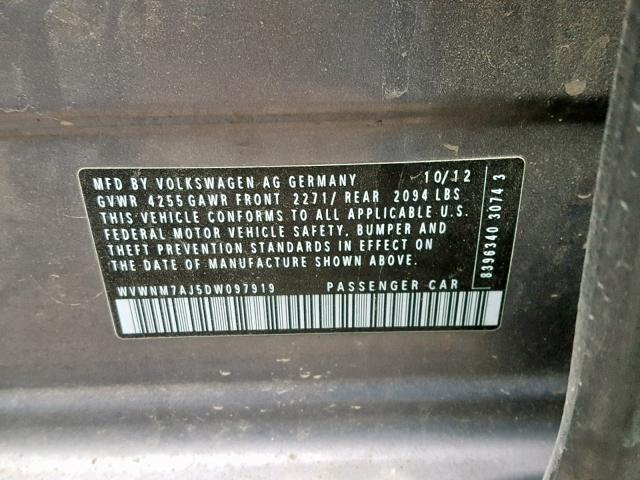 WVWNM7AJ5DW097919 - 2013 VOLKSWAGEN GOLF 灰色 照片 10