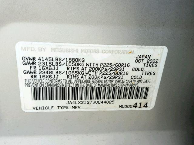 JA4LX31G73U044025 - 2003 MITSUBISHI OUTLANDER SILVER photo 10