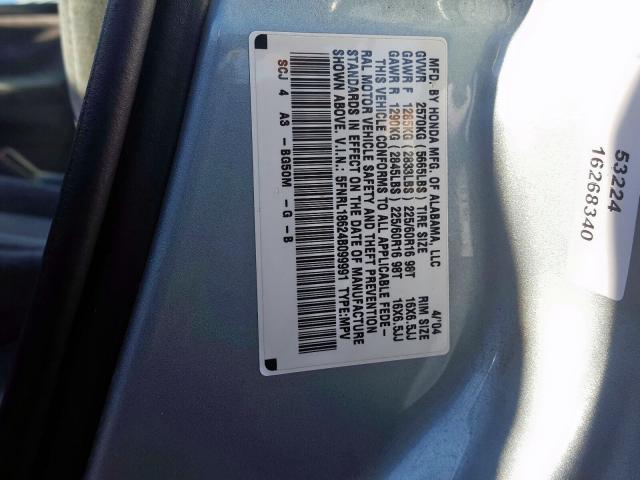 5FNRL18624B099991 - 2004 HONDA ODYSSEY EX TEAL photo 10