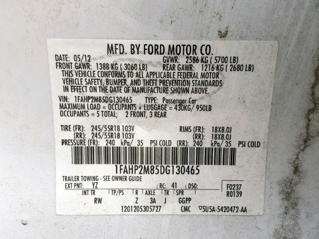 1FAHP2M85DG130465 - 2013 FORD TAURUS POL WHITE photo 10