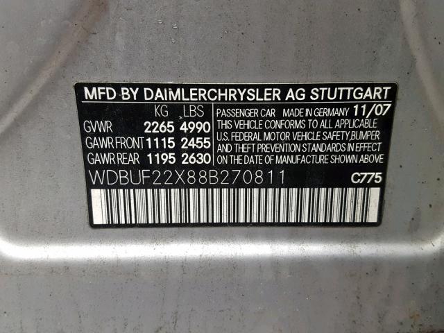 WDBUF22X88B270811 - 2008 MERCEDES-BENZ E 320 CDI SILVER photo 10