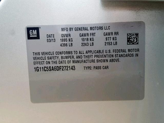 1G11C5SA6DF272143 - 2013 CHEVROLET MALIBU 1LT 银色 照片 10