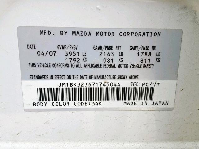 JM1BK323671745044 - 2007 MAZDA 3 S WHITE photo 10