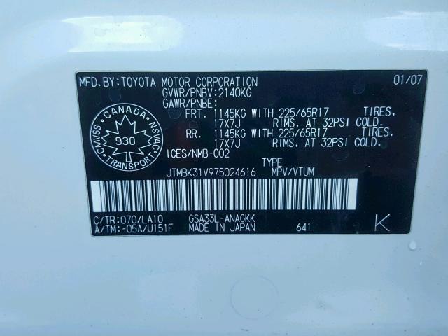 JTMBK31V975024616 - 2007 TOYOTA RAV4 LIMIT WHITE photo 10