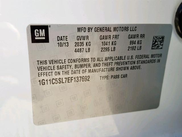 1G11C5SL7EF137692 - 2014 CHEVROLET MALIBU 1LT თეთრი ფოტო 10