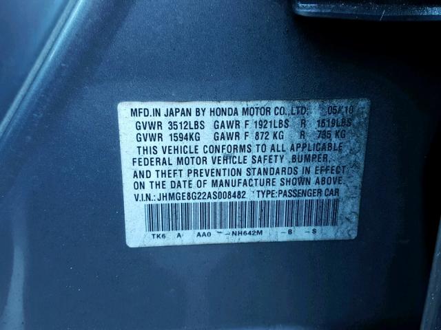 JHMGE8G22AS008482 - 2010 HONDA FIT SILVER photo 10