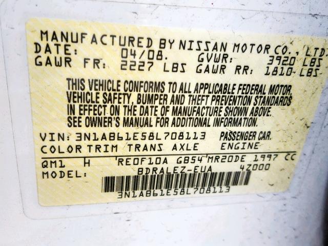 3N1AB61E58L708113 - 2008 NISSAN SENTRA 2.0 WHITE photo 10