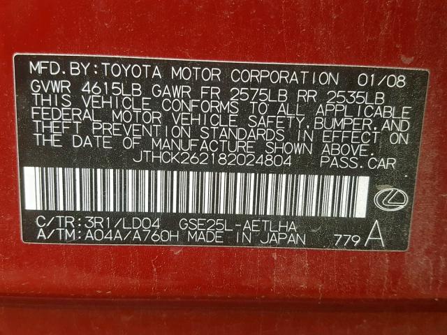 JTHCK262182024804 - 2008 LEXUS IS 250 RED photo 10