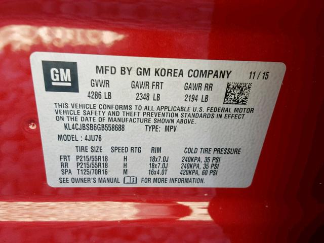 KL4CJBSB6GB558688 - 2016 BUICK ENCORE CON RED photo 10