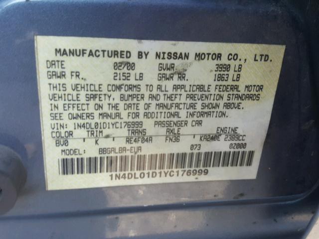 1N4DL01D1YC176999 - 2000 NISSAN ALTIMA XE BLUE photo 10