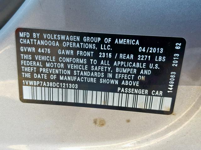 1VWBP7A38DC121303 - 2013 VOLKSWAGEN PASSAT SE SILVER photo 10