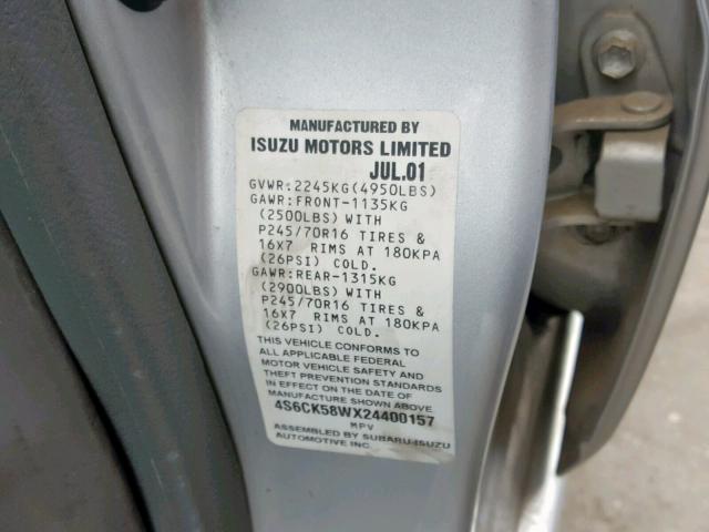 4S6CK58WX24400157 - 2002 HONDA PASSPORT E SILVER photo 10