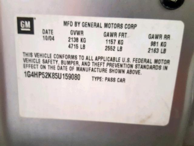 1G4HP52K85U159080 - 2005 BUICK LESABRE CU SILVER photo 10