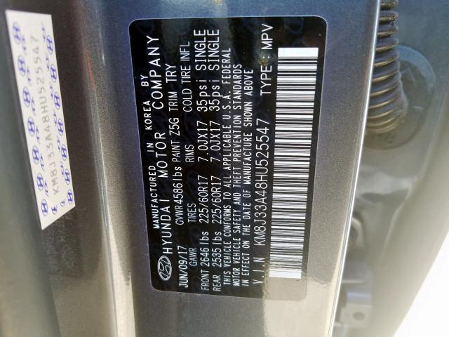 KM8J33A48HU525547 - 2017 HYUNDAI TUCSON LIM GRAY photo 10