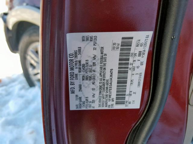 1FMEU7EE0AUA36476 - 2010 FORD EXPLORER E BURGUNDY photo 10