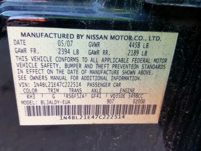 1N4BL21E47C222514 - 2007 NISSAN ALTIMA 3.5 BLACK photo 10