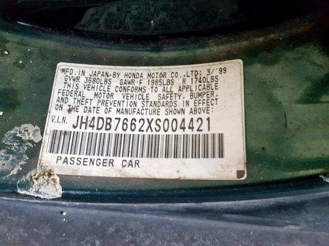 JH4DB7662XS004421 - 1999 ACURA INTEGRA GS GREEN photo 10