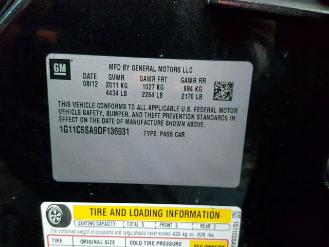 1G11C5SA9DF136931 - 2013 CHEVROLET MALIBU 1LT BLACK photo 10