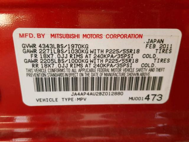 JA4AP4AU2BZ012880 - 2011 MITSUBISHI OUTLANDER RED photo 10