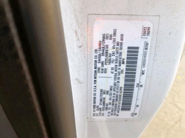 4N2ZN16T42D814290 - 2002 NISSAN QUEST SE WHITE photo 10