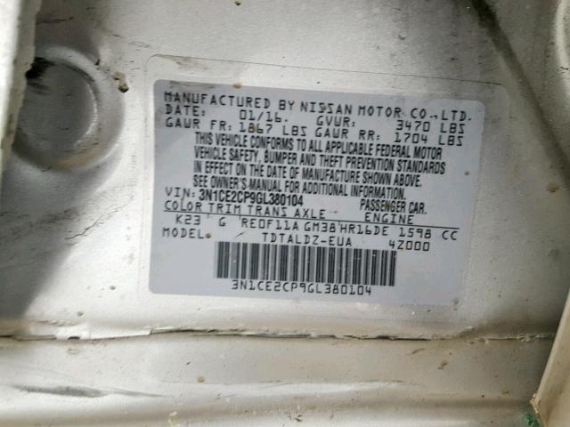 3N1CE2CP9GL380104 - 2016 NISSAN VERSA NOTE SILVER photo 10