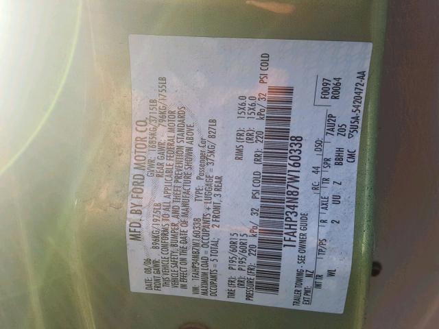 1FAHP34N87W160338 - 2007 FORD FOCUS ZX4 GREEN photo 10