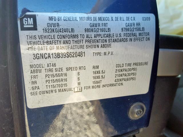 3GNCA13B39S620481 - 2009 CHEVROLET HHR LS BLUE photo 10