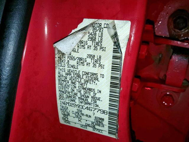 1N6MD29Y03C467798 - 2003 NISSAN FRONTIER C RED photo 10