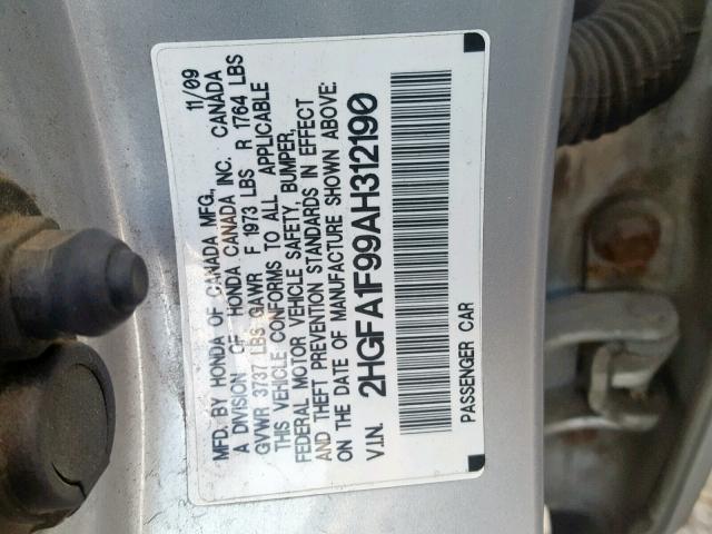 2HGFA1F99AH312190 - 2010 HONDA CIVIC EXL SILVER photo 10