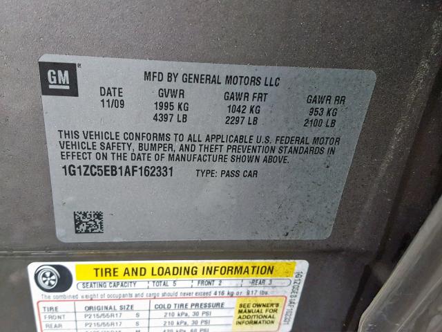 1G1ZC5EB1AF162331 - 2010 CHEVROLET MALIBU 1LT 石墨色 照片 10