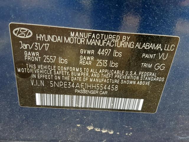 5NPE34AF1HH554458 - 2017 HYUNDAI SONATA SPO BLUE photo 10