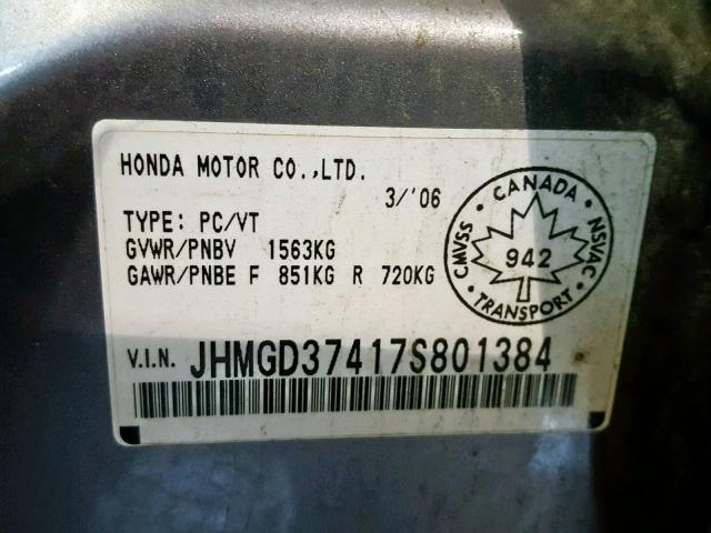 JHMGD37417S801384 - 2007 HONDA FIT GRAY photo 10