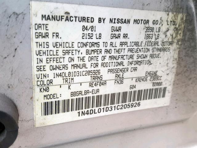 1N4DL01D31C205926 - 2001 NISSAN ALTIMA XE SILVER photo 10