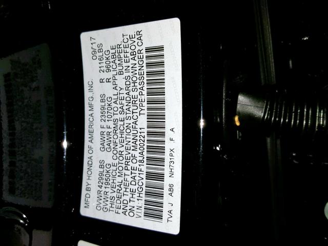 1HGCV1F18JA002211 - 2018 HONDA ACCORD LX 黑色 照片 10