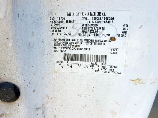 1FTWW30P75EB57381 - 2005 FORD F350 SRW S WHITE photo 10