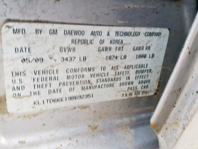 KL1TD66E19B692351 - 2009 CHEVROLET AVEO LS SILVER photo 10